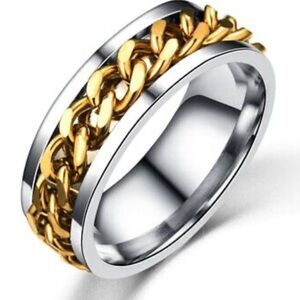 Stainless steel silver ring with gold plated chain inlay fidget ring size 11 NIB