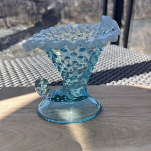 Fenton‎ Hob Nail Vase with Ruffled Edges Blue Vintage 5.5" Height