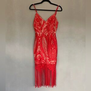 BOOHOO Lace Red Dress W/ Fringe Bottom Size 6