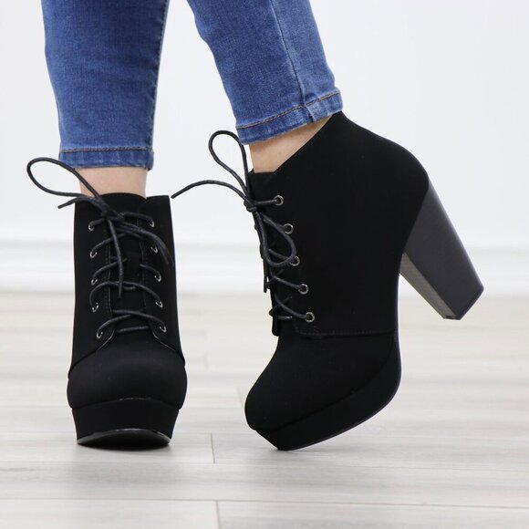 Black Nubuck Lace-Up Chunky Block Cone High Heel Ankle Boots - Picture 14 of 15