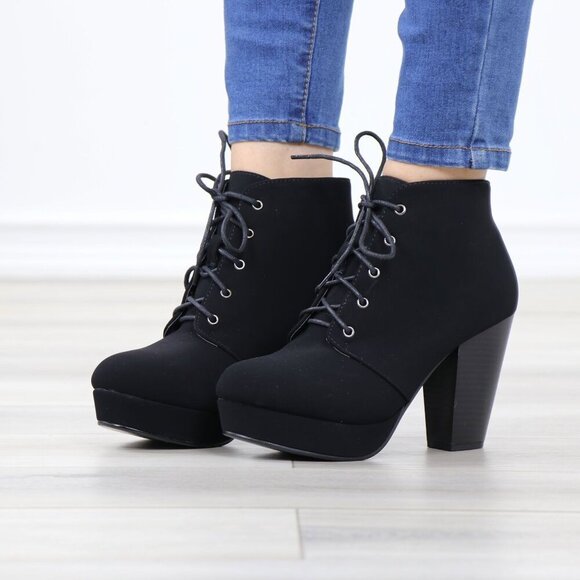 Black Nubuck Lace-Up Chunky Block Cone High Heel Ankle Boots - Picture 1 of 15