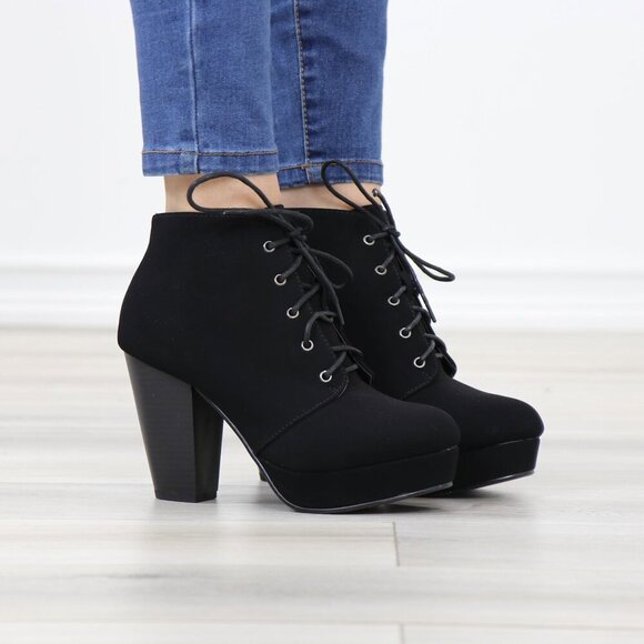 Black Nubuck Lace-Up Chunky Block Cone High Heel Ankle Boots - Picture 11 of 15