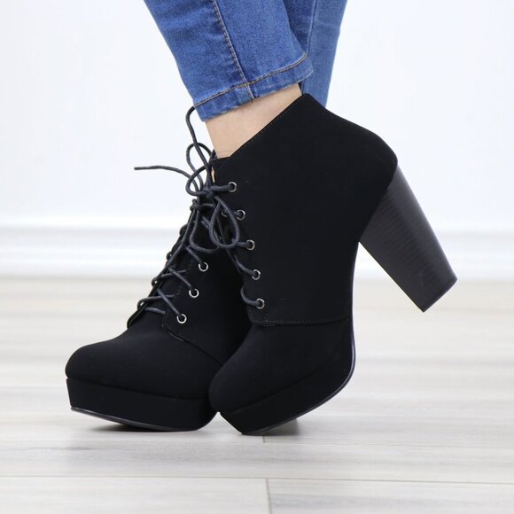 Black Nubuck Lace-Up Chunky Block Cone High Heel Ankle Boots - Picture 7 of 15