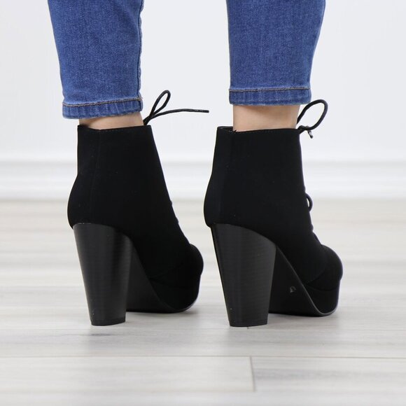 Black Nubuck Lace-Up Chunky Block Cone High Heel Ankle Boots - Picture 12 of 15