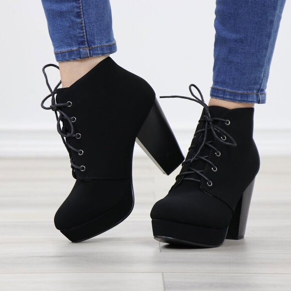 Black Nubuck Lace-Up Chunky Block Cone High Heel Ankle Boots - Picture 15 of 15