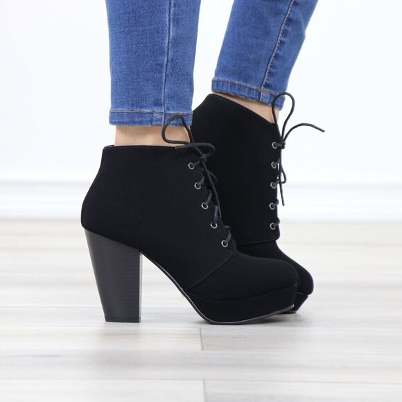 Black Nubuck Lace-Up Chunky Block Cone High Heel Ankle Boots - Picture 4 of 15