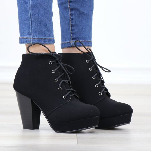 Black Nubuck Lace-Up Chunky Block Cone High Heel Ankle Boots - Picture 2 of 15