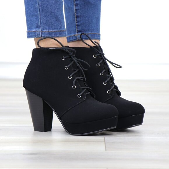 Black Nubuck Lace-Up Chunky Block Cone High Heel Ankle Boots - Picture 5 of 15