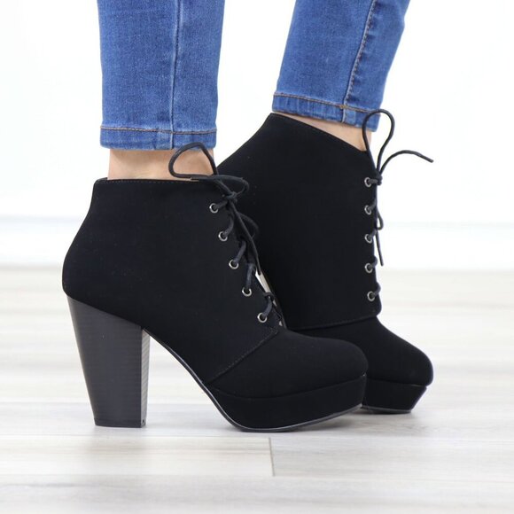 Black Nubuck Lace-Up Chunky Block Cone High Heel Ankle Boots - Picture 6 of 15