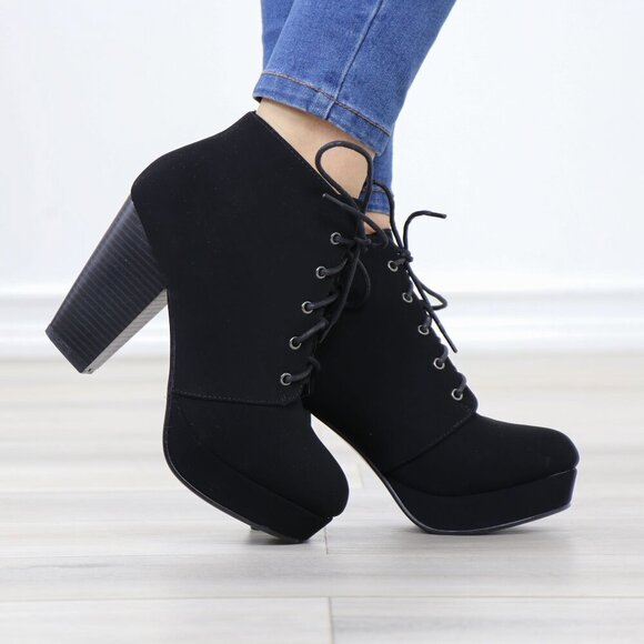 Black Nubuck Lace-Up Chunky Block Cone High Heel Ankle Boots - Picture 10 of 15