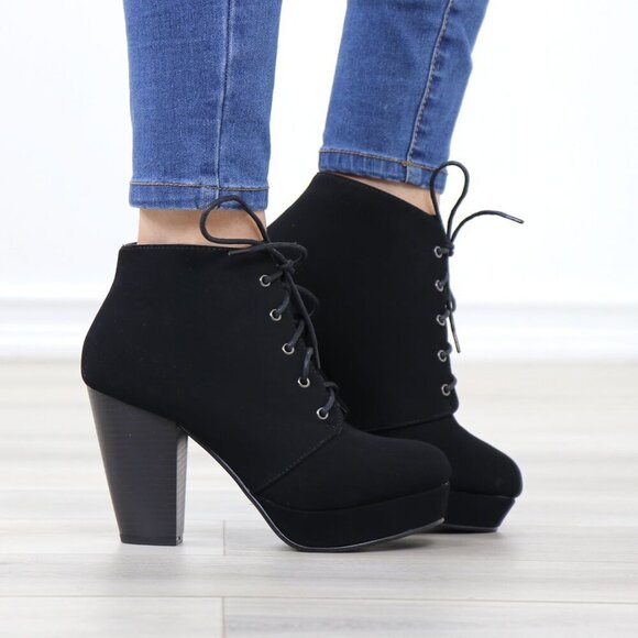 Black Nubuck Lace-Up Chunky Block Cone High Heel Ankle Boots - Picture 8 of 15