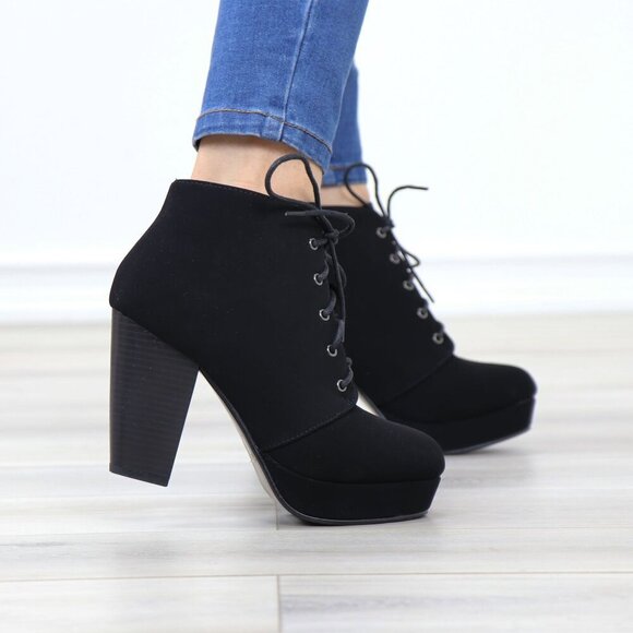 Black Nubuck Lace-Up Chunky Block Cone High Heel Ankle Boots - Picture 9 of 15