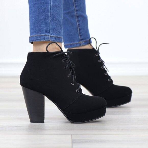 Black Nubuck Lace-Up Chunky Block Cone High Heel Ankle Boots - Picture 3 of 15