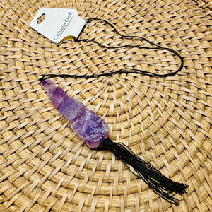 Amethyst stone pendant beaded necklace on black cording with tassel