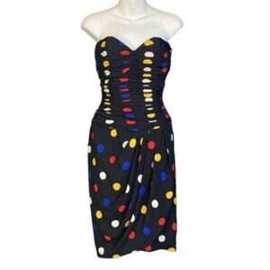 Vintage Victor Costa Ruched Strapless Polka Dot Mini Dress