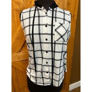 Women's Medium Sleeveless Hooded Shirt Top GUC Plaid White Black