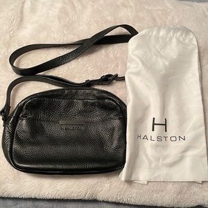 H Halston black leather crossbody purse with dust bag.