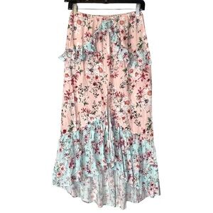 MinkPink Floral Ruffled Tier Pink/Minty Blue Maxi Skirt Size S