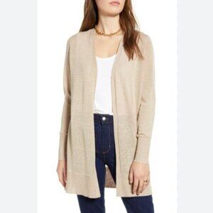 Halogen Linen Blend Open Front Cardi With Side Slit in Beige, XS