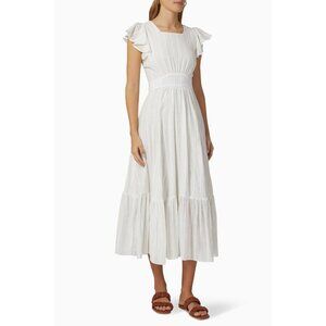 MISA Sarina White Cotton Gauze Metallic Striped Open Bow Back Midi Dress, Size M