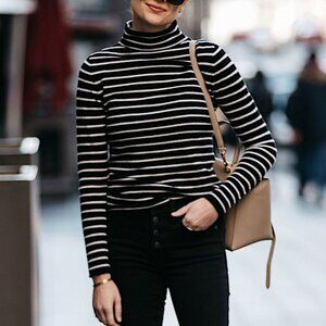 Halogen Funnel Neck Cashmere Sweater In Black/White Stripe, S