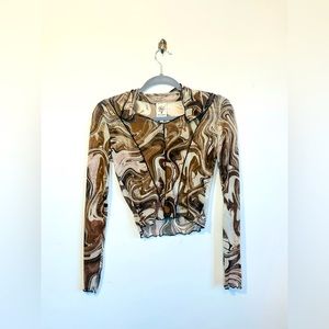 Self Esteem Crop Top M -Brown/White Marble -Sheer -Long Sleeve -Collar