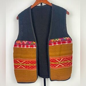 Unisex Black Multicolored Traditional Handmade Woven Open Front Vest