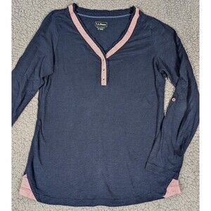 LL Bean Top Women S Reg Blue V-Neck Long Sleeve Roll Tab Red Trim