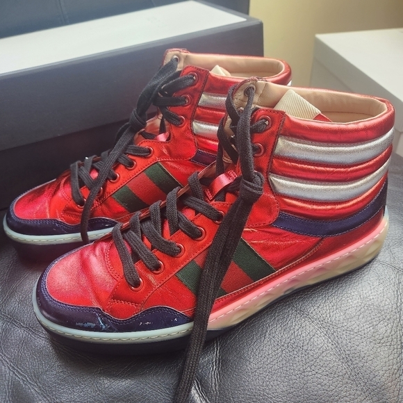 GUCCI High Top red metallic sneakers size 8.5 BNWB - Picture 3 of 8