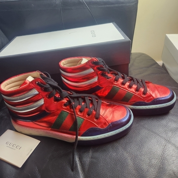 GUCCI High Top red metallic sneakers size 8.5 BNWB - Picture 1 of 8