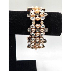 Vintage Pearls and Rhinestones Rare Stretch Bracelet from 1930s Rose Gold Color