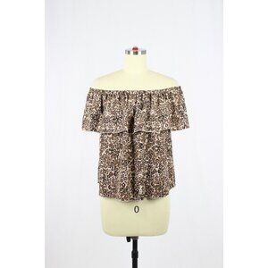 Aritzia WILFRED Promener Brown Leopard Satin Ruffle Off Shoulder Blouse, Size S