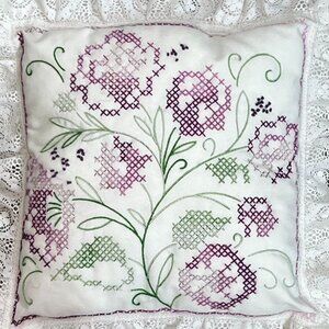 Cottage Core Handmade Throw Pillow Cross Stitched White Lavender Flowers Lace