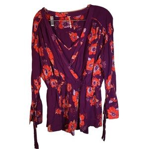 Free People Tuscan Floral Dreams Tunic Blouse women S purple red tie sleeves