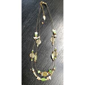 Coldwater Creek Signed Two Layer Necklace, Green Glass, Shell Pieces, Brass Tone