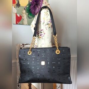 MCM Black Visetos Chain Tote Bag