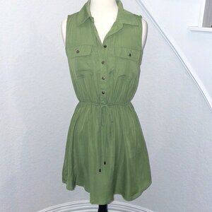 Green mini dress with brass/bronze buttons with two front pockets. Medium.