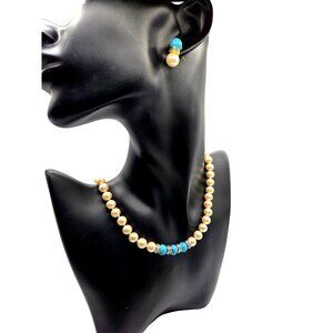 Vintage Pearl and Howlite with Rhinestones Necklace and Pierced earring Set