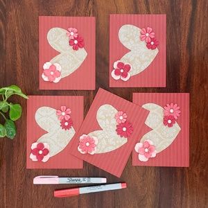 HANDMADE Valentine's Day Note Cards Set of Five Red Pink Hearts Flowers