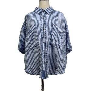 Free People We The Free Sail Away Linen Stripe Shirt Blue