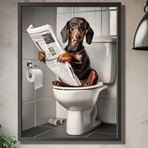 NWT Dachshund Reading Newspaper in Bathroom Framed Canvas Art Print