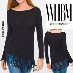 WHBM Fringe Black Metallic Asymmetrical Long Sleeve Sweater (XS)