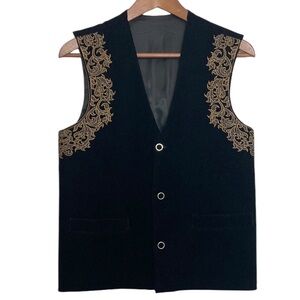 Vintage Vest Womens Medium Large Black Velvet Gold Embroidered Baroque Goth 90s