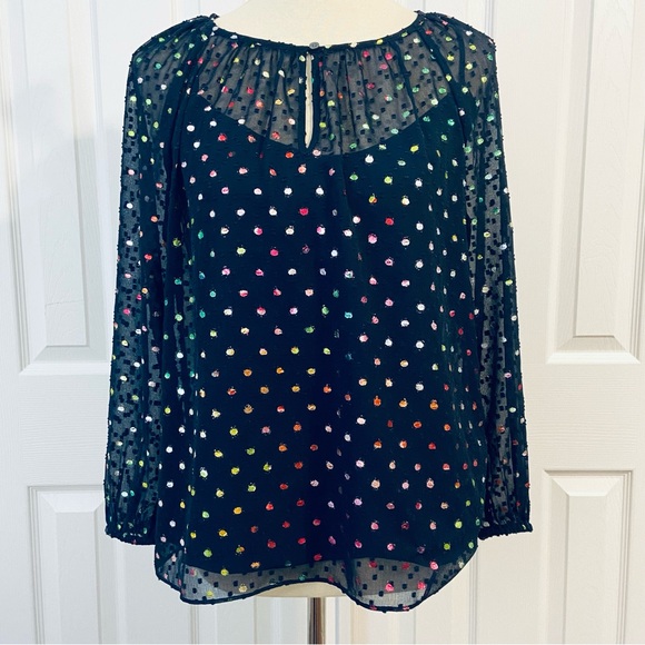 J. Crew Popover Rainbow Clip Dot Navy Blue Chiffon Blouse Womens Sz XS - Picture 2 of 13