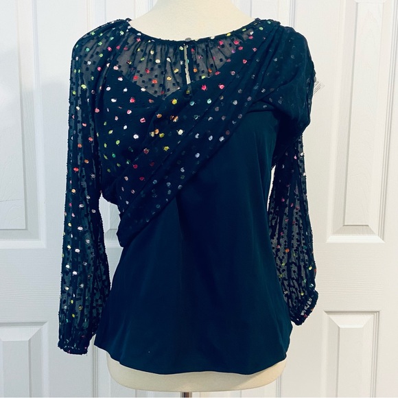 J. Crew Popover Rainbow Clip Dot Navy Blue Chiffon Blouse Womens Sz XS - Picture 9 of 13