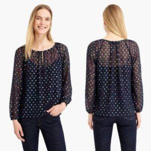 J. Crew Popover Rainbow Clip Dot Navy Blue Chiffon Blouse Womens Sz XS - Picture 3 of 13