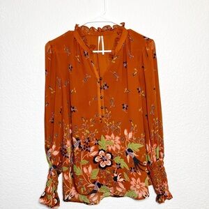 Anthropologie burnt orange and navy floral long sleeve top Small oversized