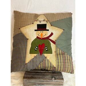 Snowman Christmas Holiday Throw Accent Pillow Plaid Farmhouse GUC