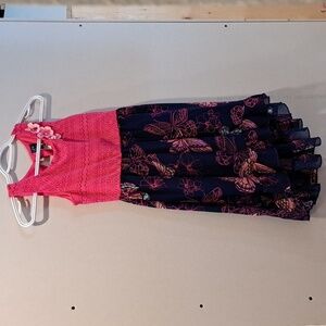 Girls dress size 10/12 pink and navy with ruffles butterfly and flowers light