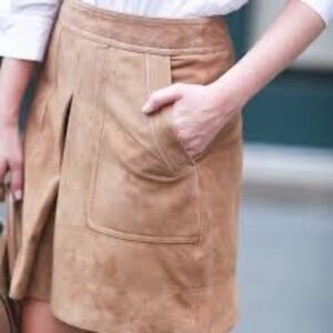 NEW VINCE Suede Leather Inverted Pleat Mini Skirt In Tan Camel 8